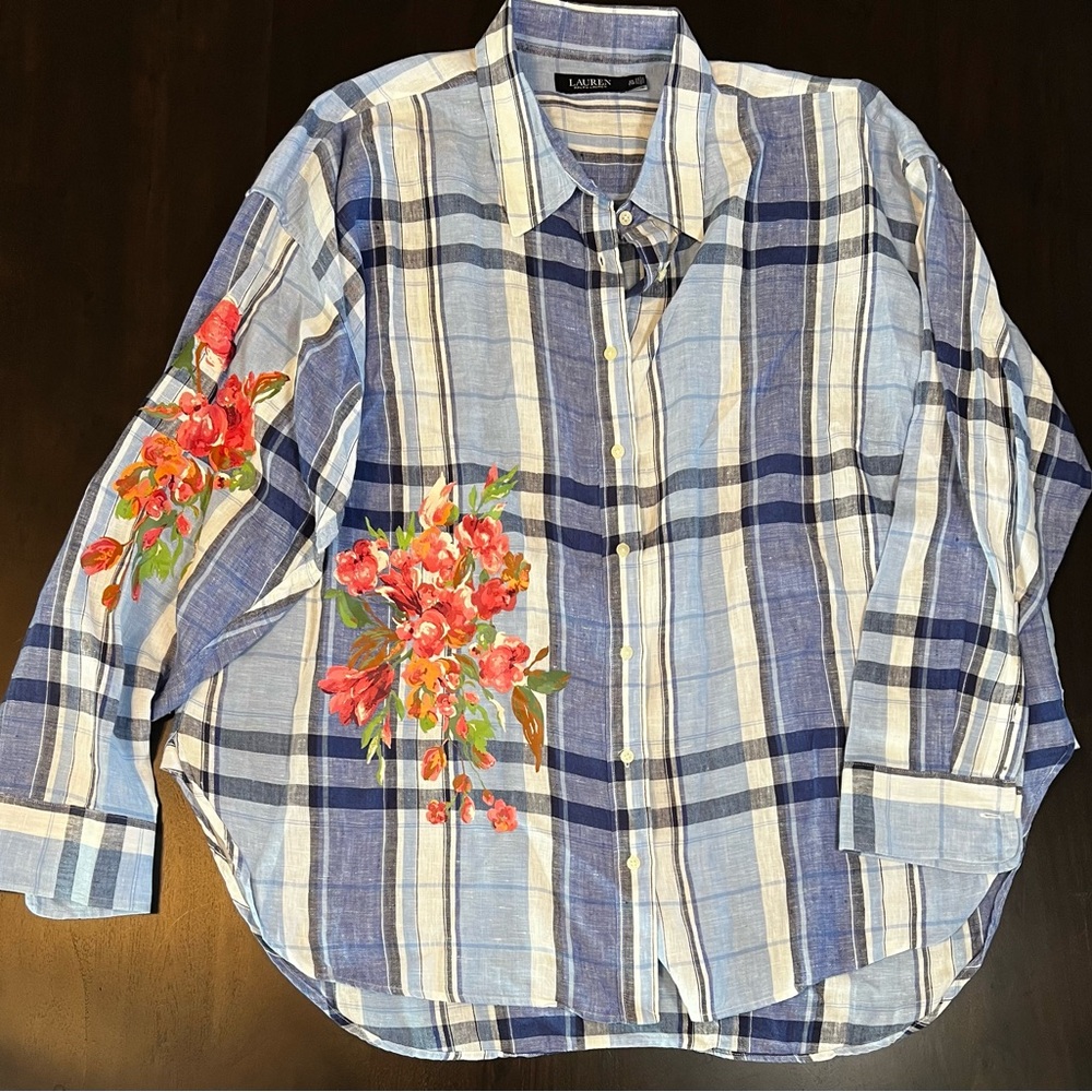 Ralph Lauren Black Label Blue and White Plaid Shirt with Red Floral Embroidery